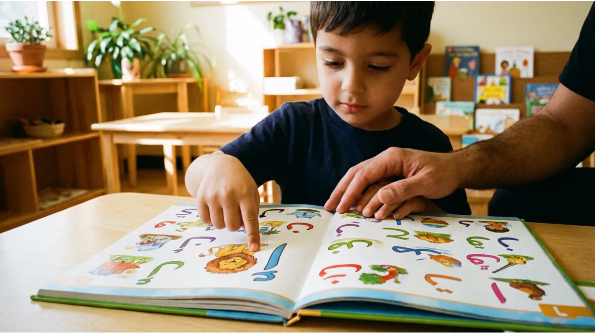 Un jeune garçon qui commence à apprendre à lire l'arabe via l'alphabet