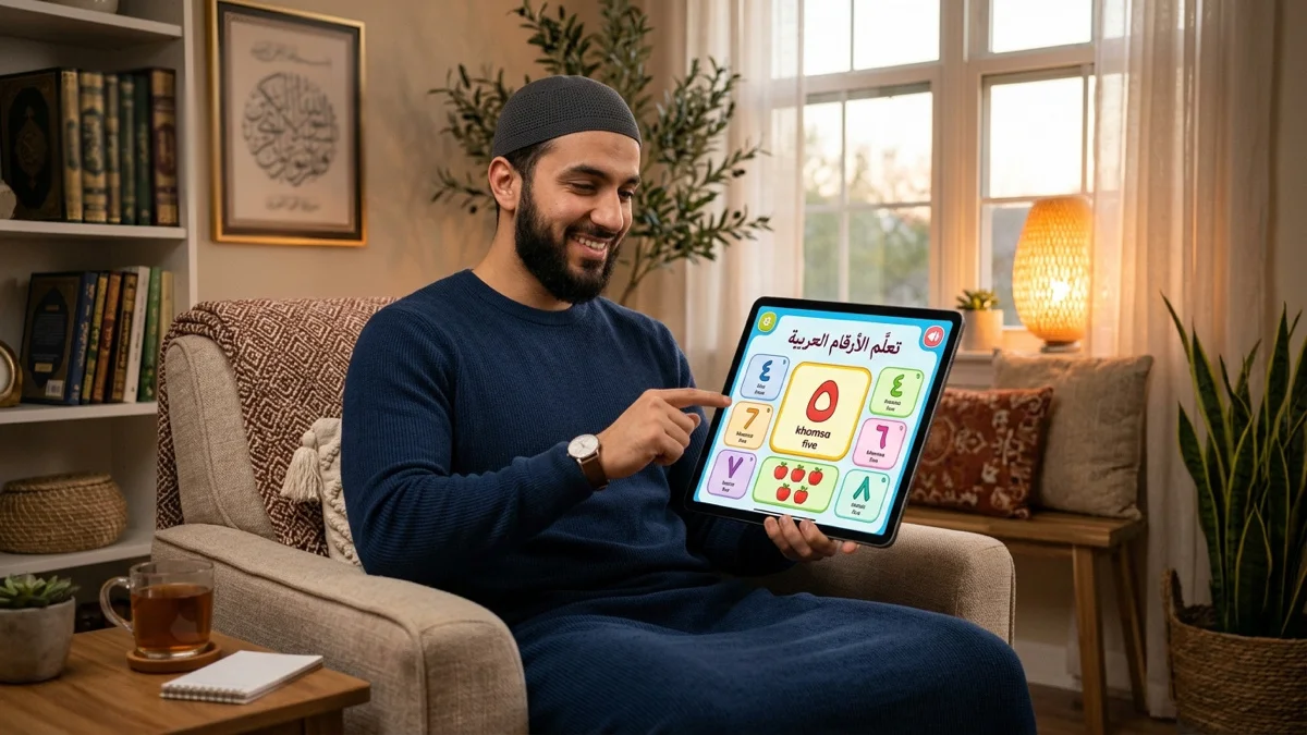 Un homme utilisant une tablette pour apprendre les chiffres en arabe.