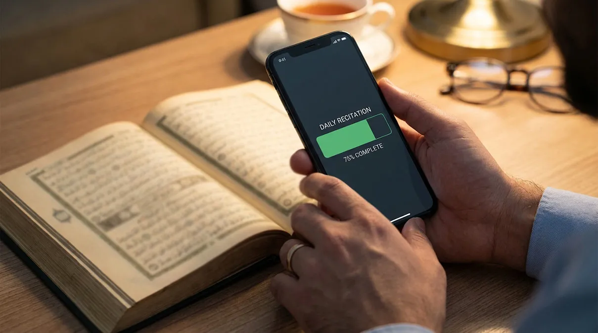 Homme utilisant une application pour ne pas oublier de lire le Coran en entier.