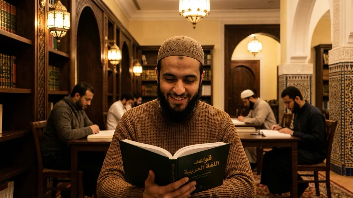 Un homme souriant tenant un livre d'arabe littéraire pour débutant