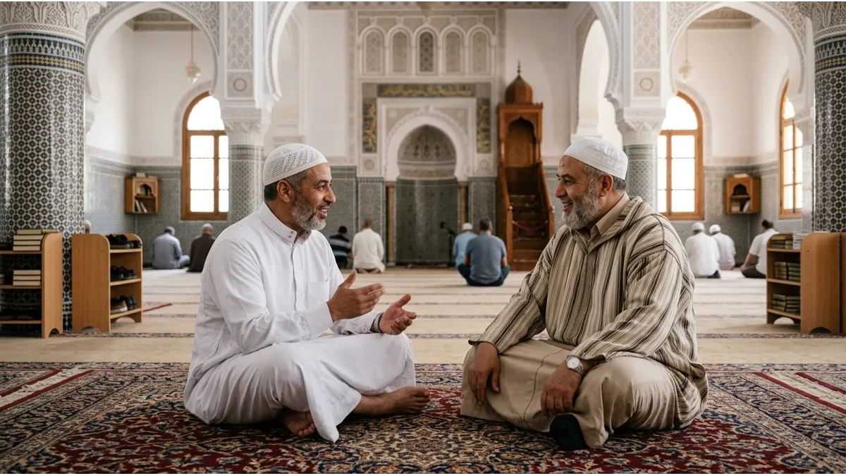 Deux hommes discutant calmement de la manière de comment faire les ablutions selon les écoles.