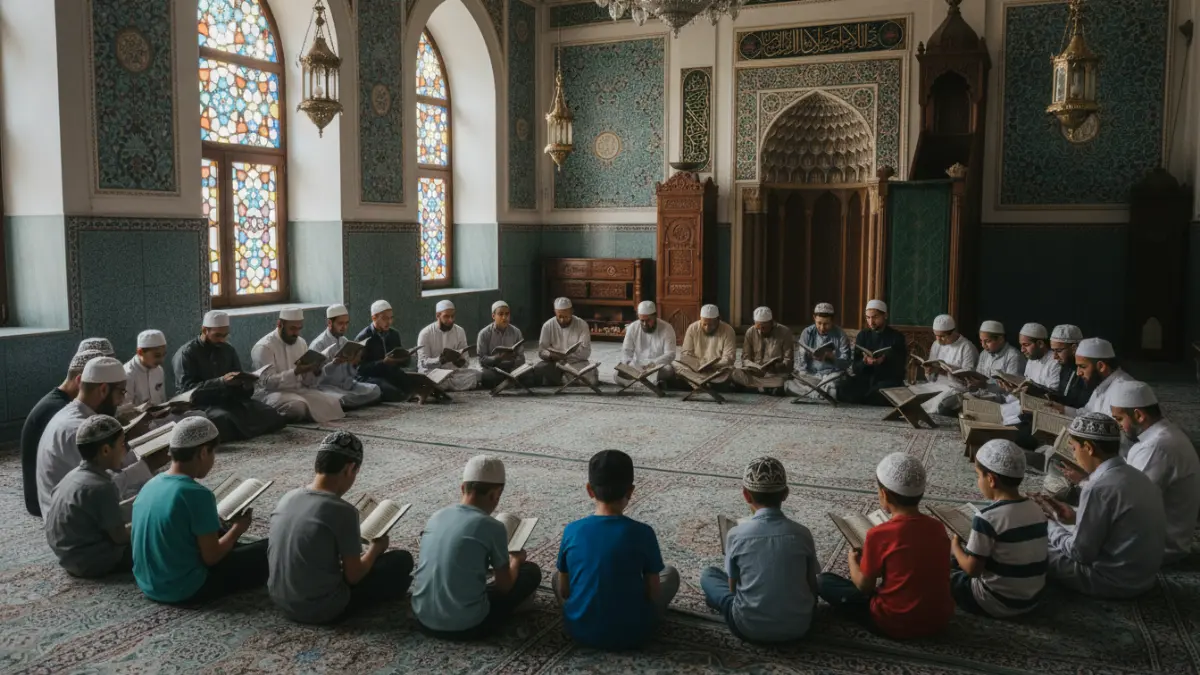 Groupe d'hommes lisant le Coran ensemble à la mosquée