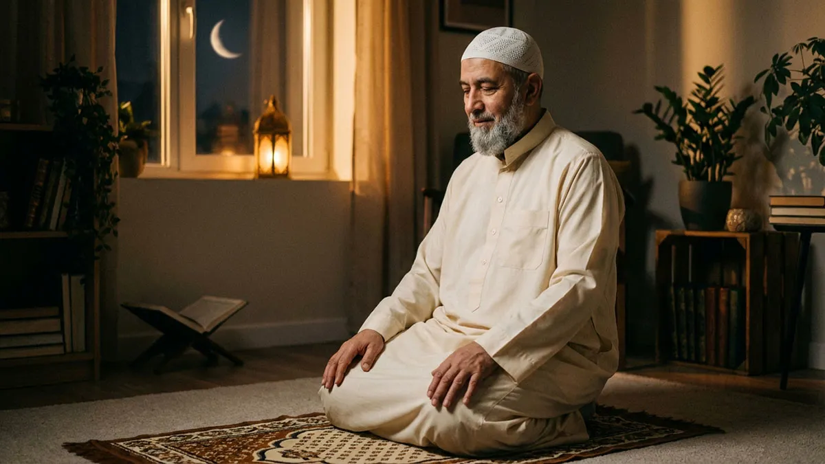 Homme serein après sa prière de Qiyam al layl pendant Ramadan