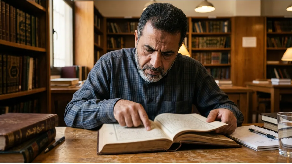 Un homme analysant un passage difficile pour sa répétition pour apprendre l'arabe et Coran.