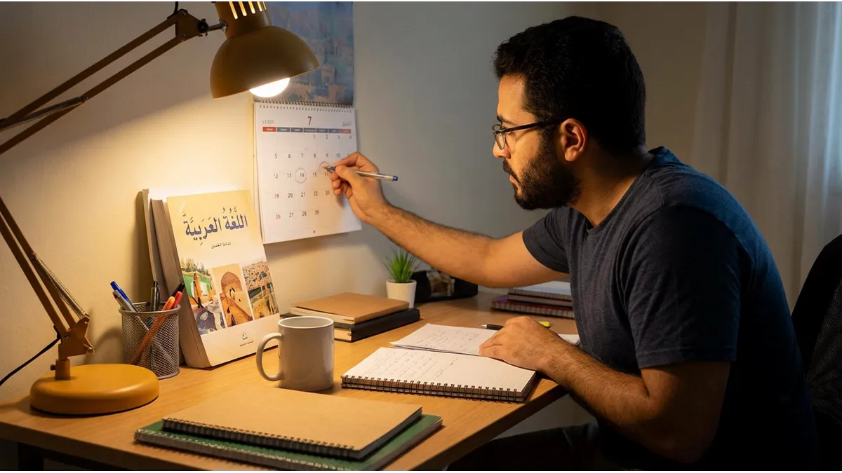 Homme planifiant ses séances pour apprendre à lire l'arabe sur un mois