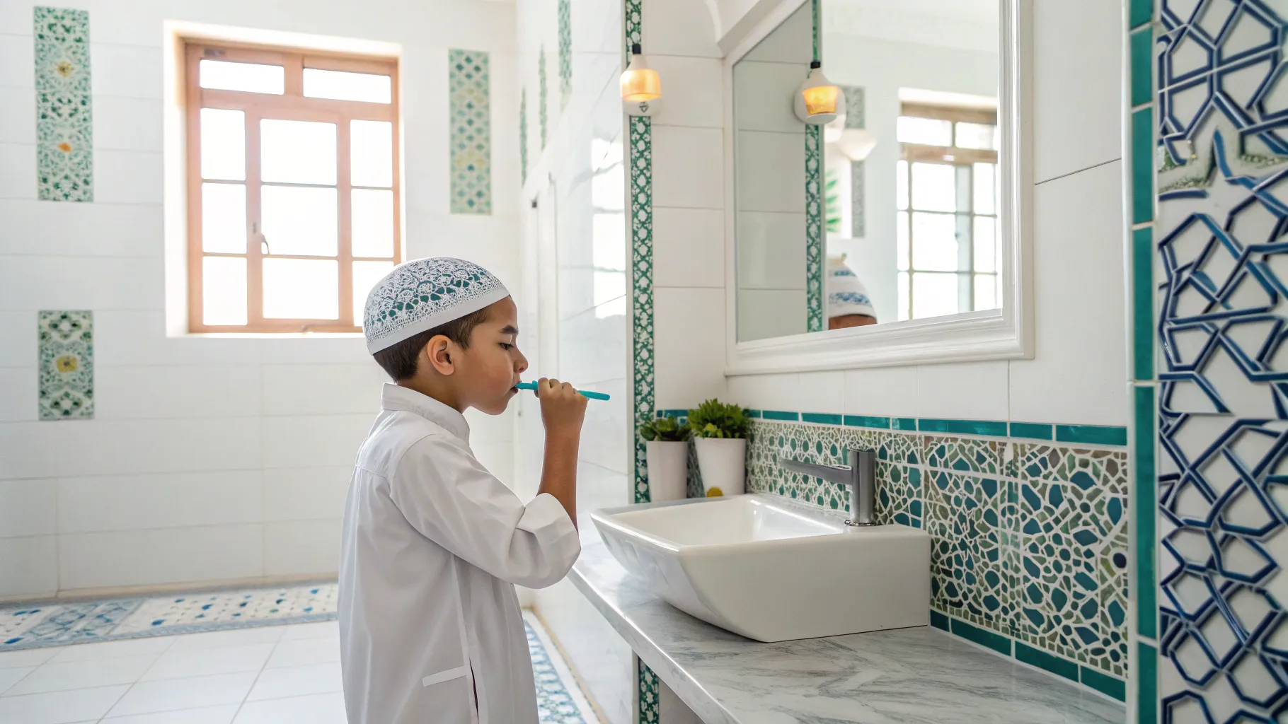 Un jeune garçon se brossant les dents avec précaution