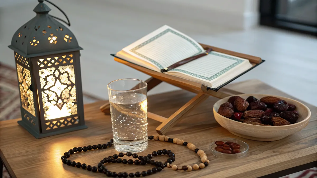 Coin prière après l’iftar avec Coran sur un support, lanterne, dattes et verre d’eau dans une ambiance sereine