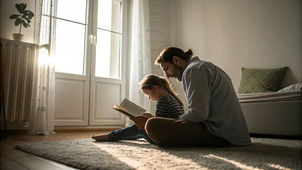 Routine familiale autour du Coran, parent et enfant lisant ensemble dans une ambiance douce et motivante.