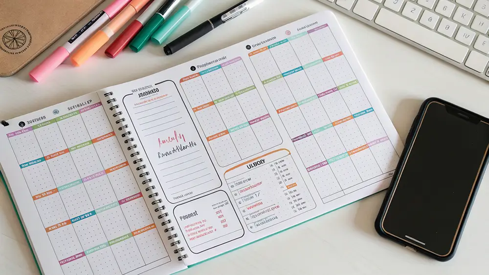 Planning de révision du Coran sur un carnet, organisation hebdomadaire pour maintenir la mémorisation sur le long terme.