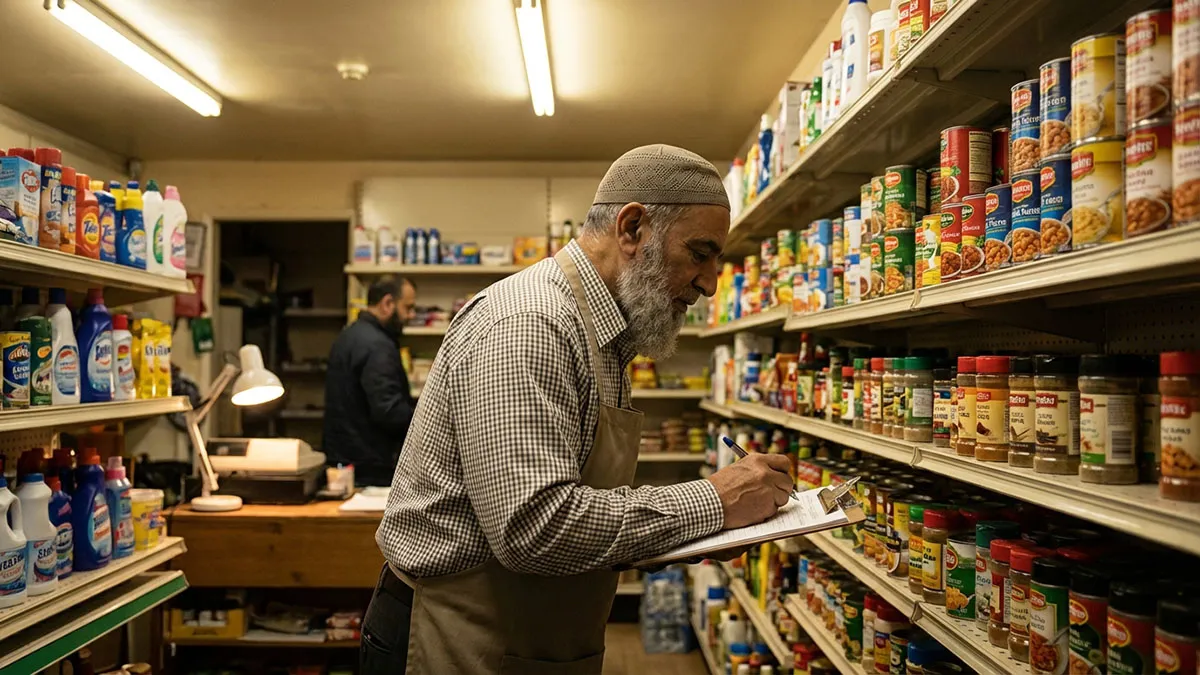 Un commerçant musulman évaluant son stock pour la Zakat al Maal