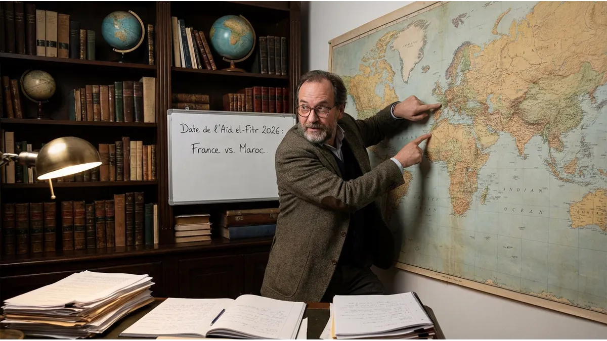 Un homme consultant une carte du monde pour la Date de Aid el-Fitr 2026 France.