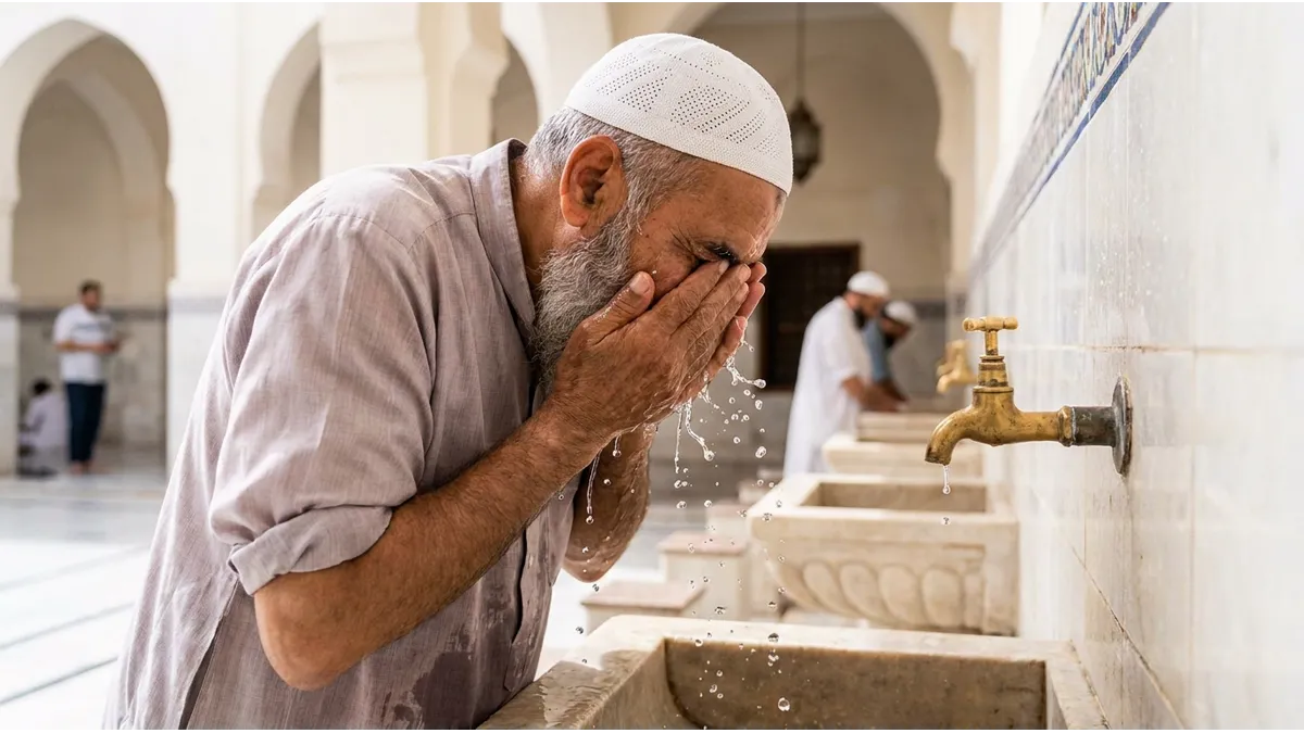 Homme musulman effectuant le wudu avant la prière du fajr