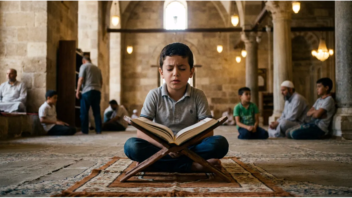 Un jeune garçon concentré essayant de ne pas confondre les Mutashabihât du Coran.