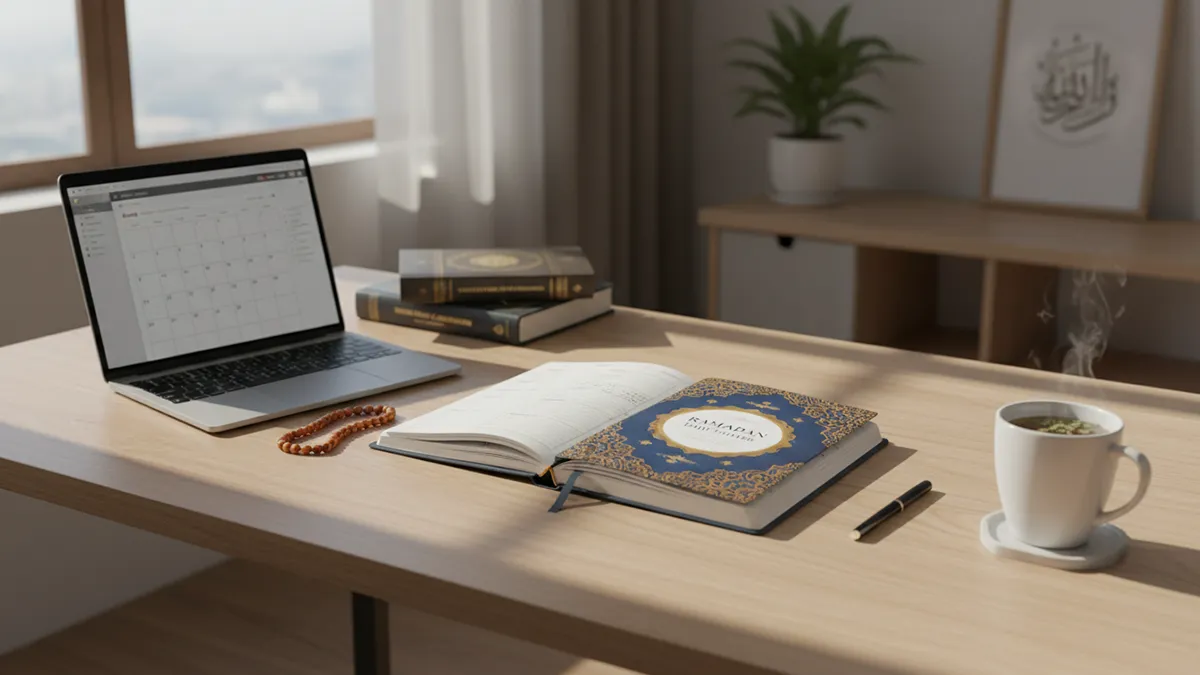Espace de travail organisé avec un planner de Ramadan