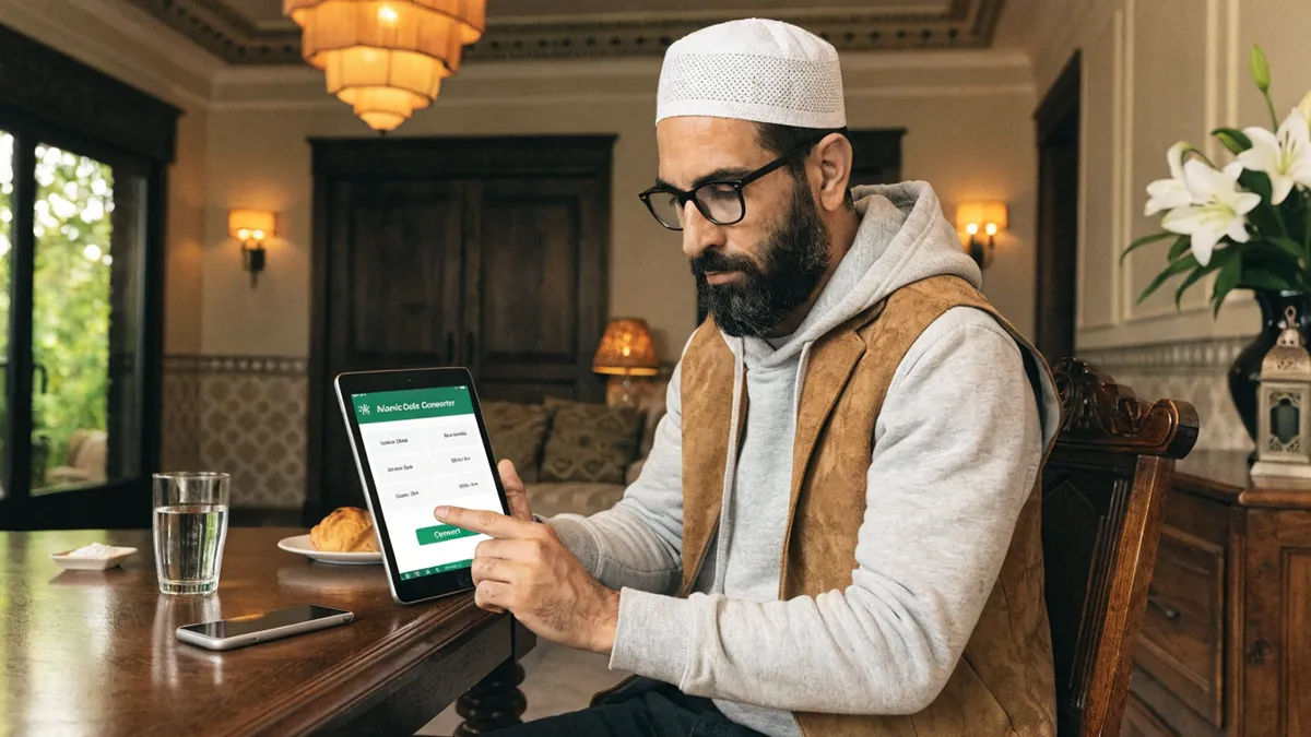 Homme utilisant une application de conversion pour le calendrier islamique