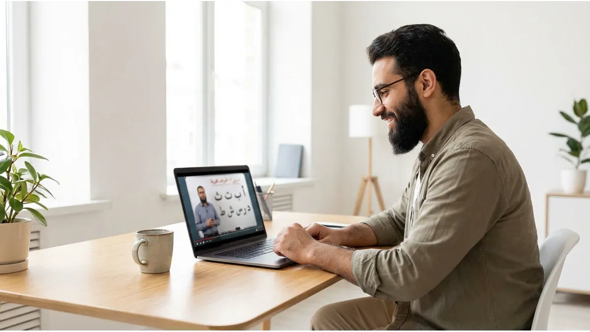 Homme sur ordinateur utilisant la méthode Talqeeny pour apprendre à lire l'arabe