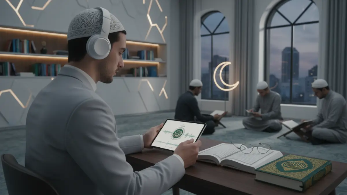 Un homme suivant un cours de Coran sur une tablette