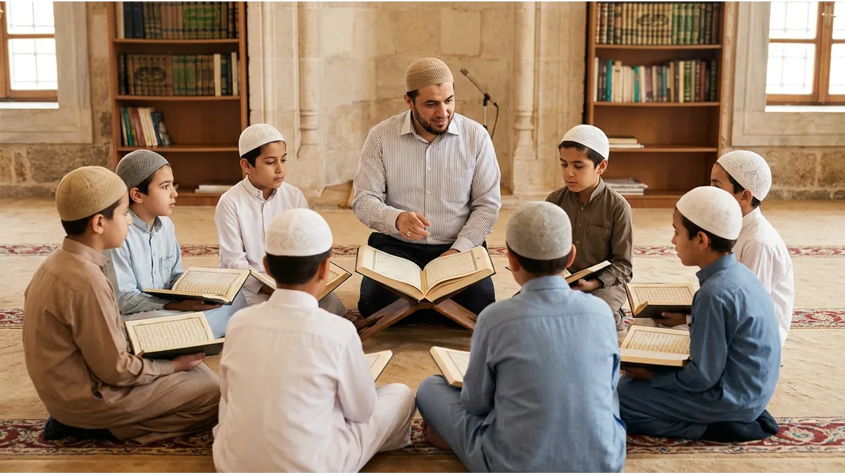 Un groupe d'étudiants en cours de Coran étudiant les Mutashabihât du Coran.