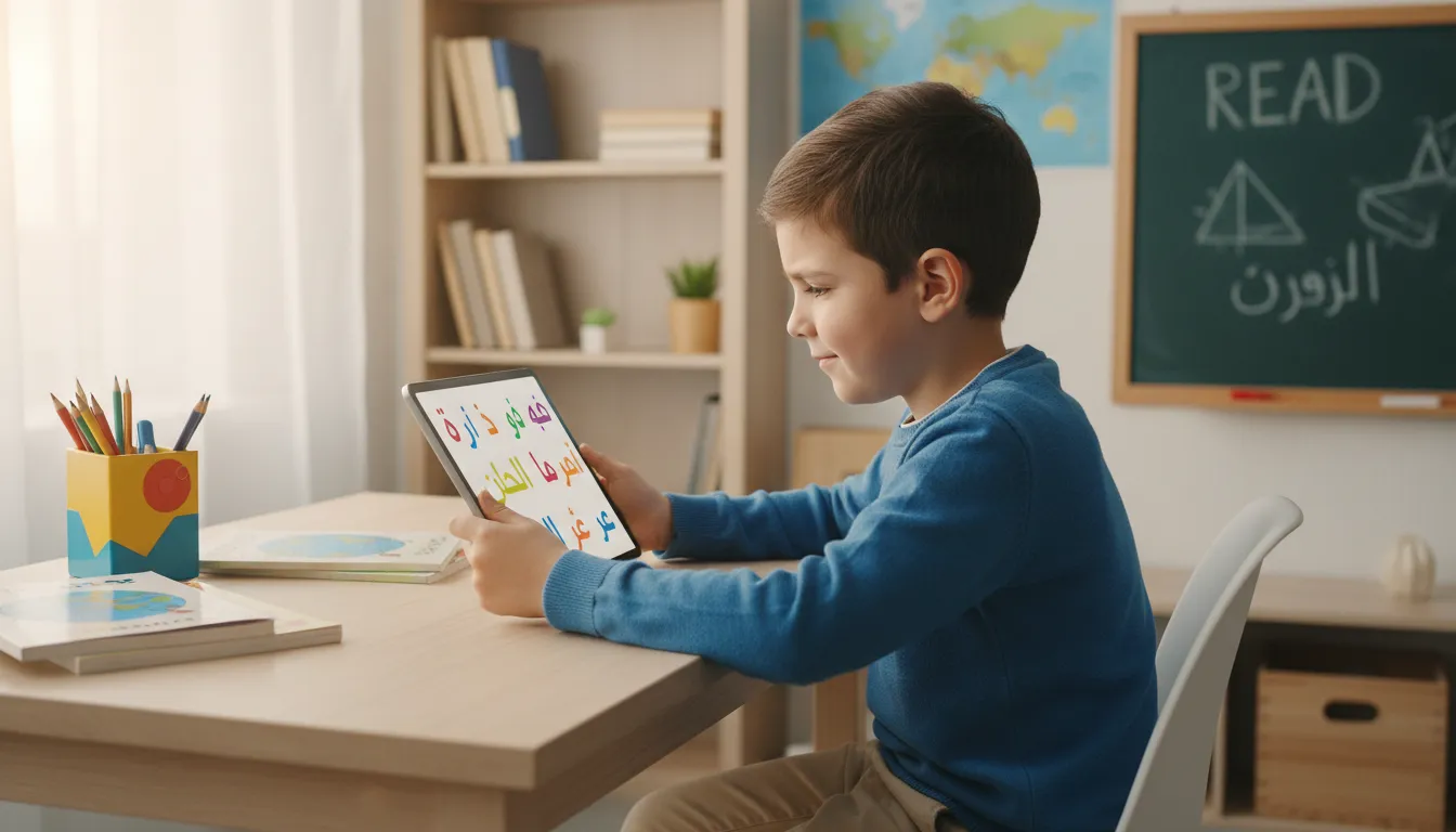 Un garçon étudiant l'arabe sur une tablette