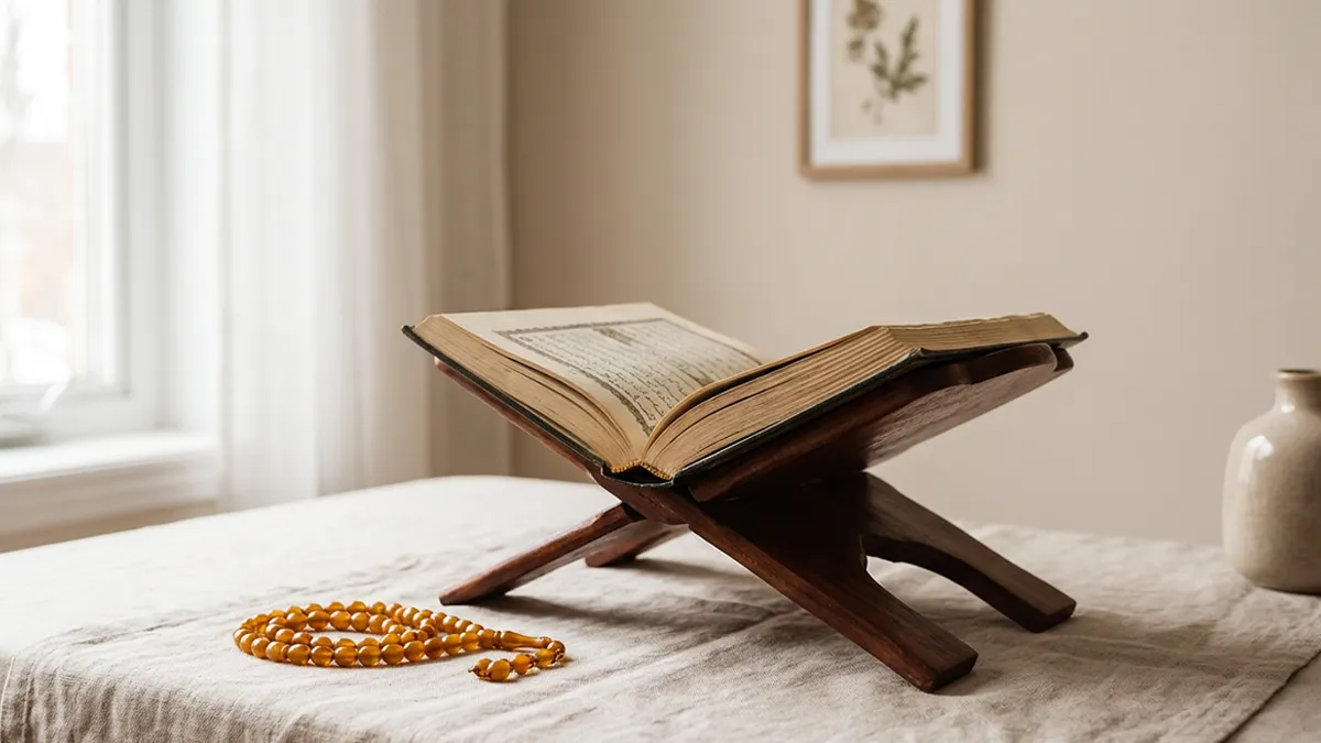 Définition Salat Istikhara en islam avec Coran et rehal sans visage.