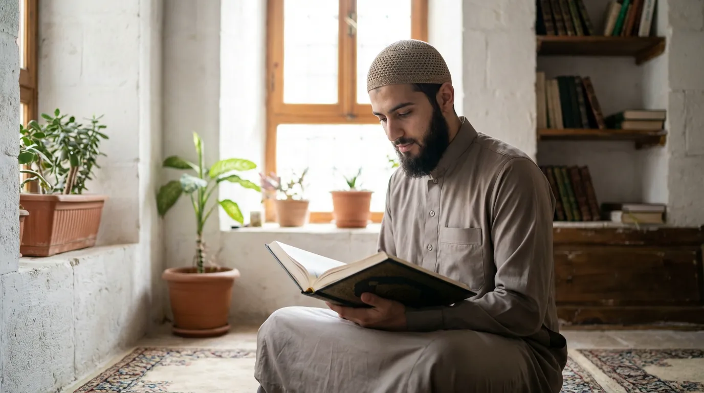 Un jeune homme lisant le Coran avec discipline pour bien finir Ramadan.