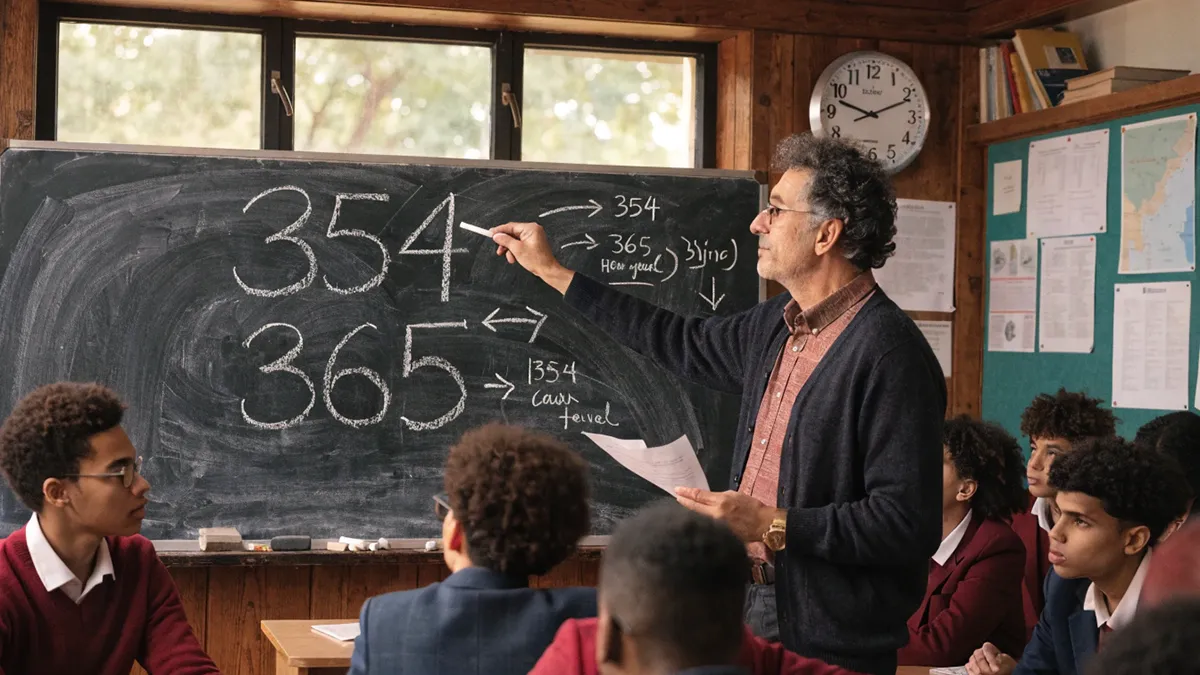 Homme expliquant les 354 jours du calendrier islamique sur un tableau