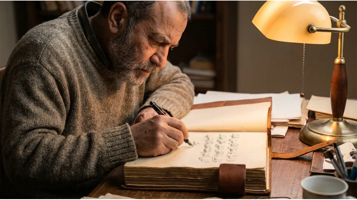 Un homme écrivant sans modèle pour apprendre à écrire en arabe de mémoire