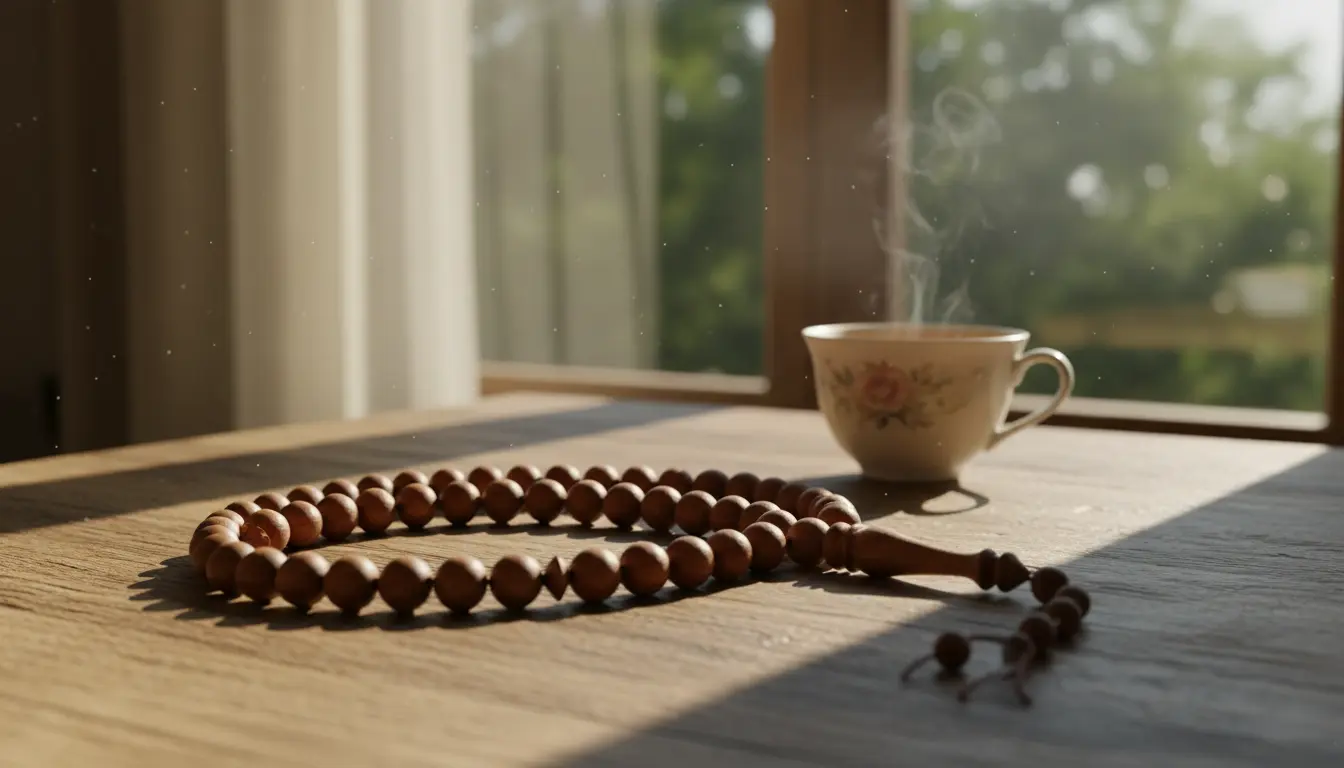 Un chapelet islamique posé sur une table près d'une fenêtre