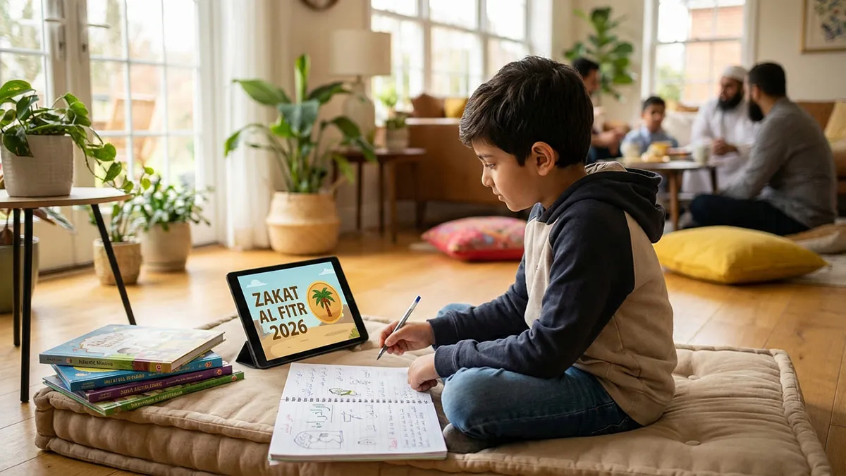 Un garçon apprenant le Coran et les règles de la Zakat al Fitr 2026