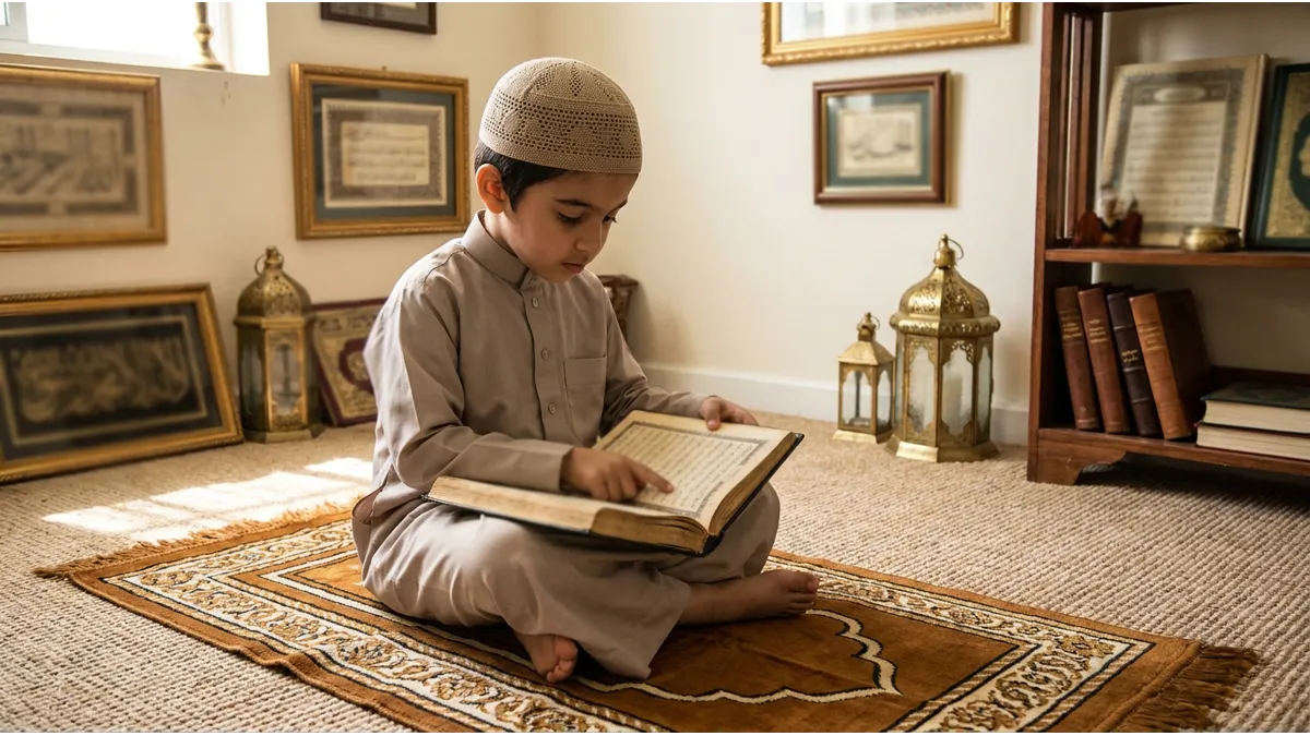Un jeune garçon lisant le Coran pour évaluer quelle petite sourate apprendre.