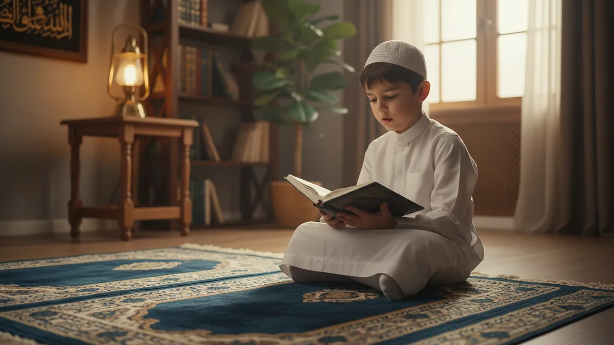 Jeune garçon musulman récitant la sourate al fatiha avec attention