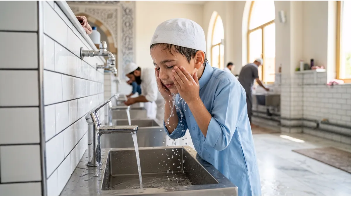 Un jeune garçon apprenant comment faire les ablutions étape par étape avec de l'eau.