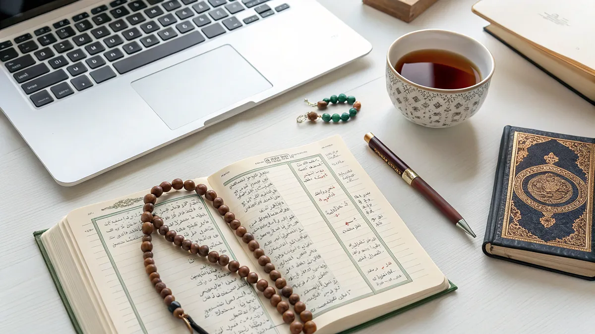 Carnet de planification du Ramadan avec objectifs, Coran et chapelet sur une table