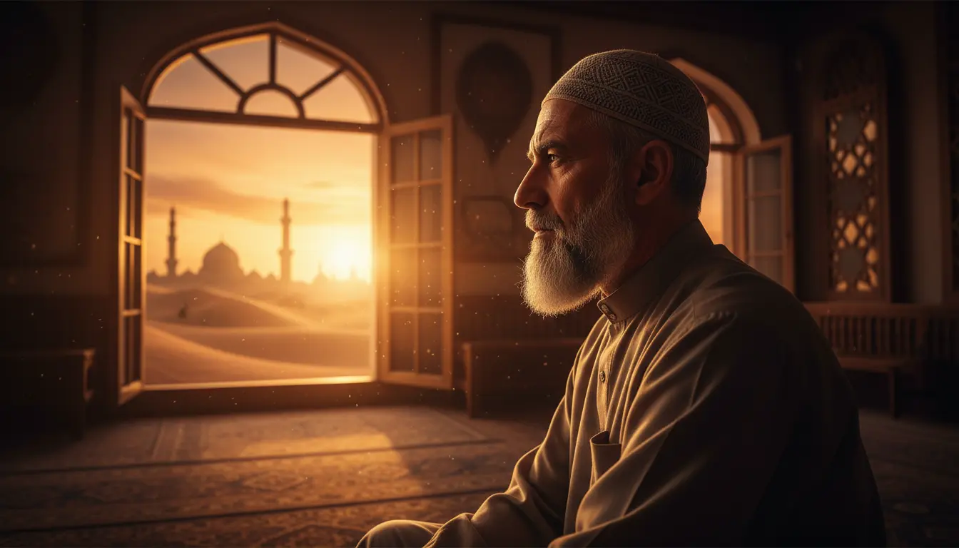 Un homme mûr réfléchissant près d'une fenêtre au coucher du soleil