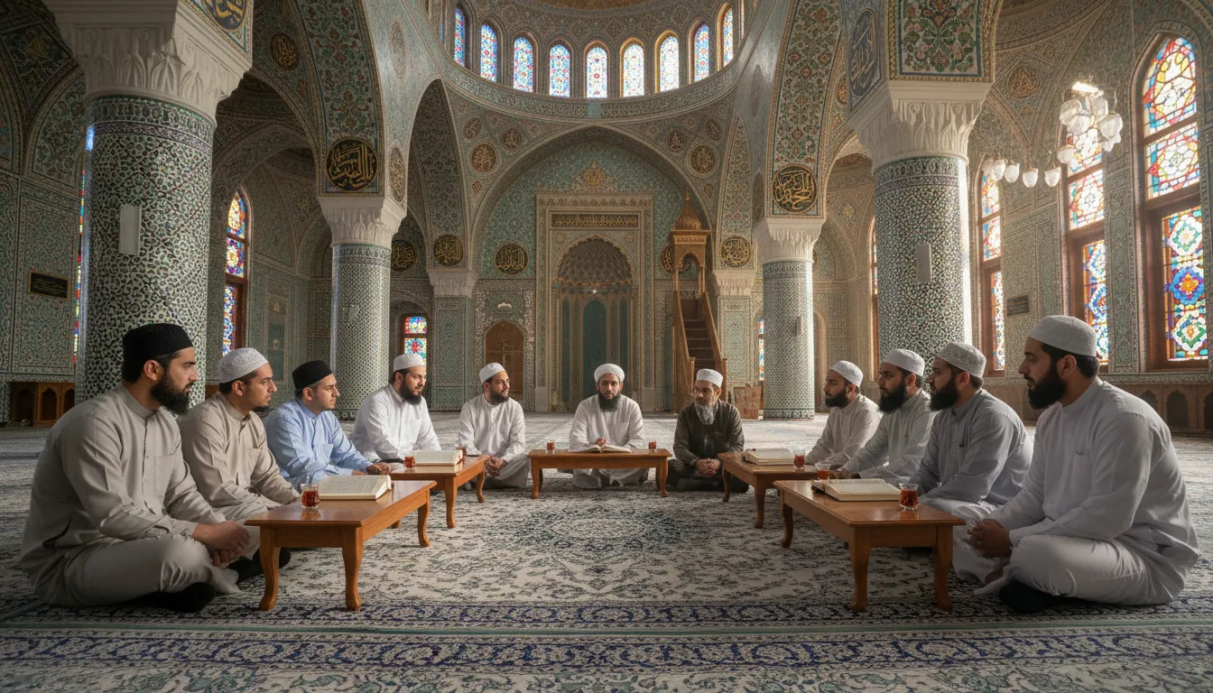 Un groupe d'hommes discutant dans une mosquée