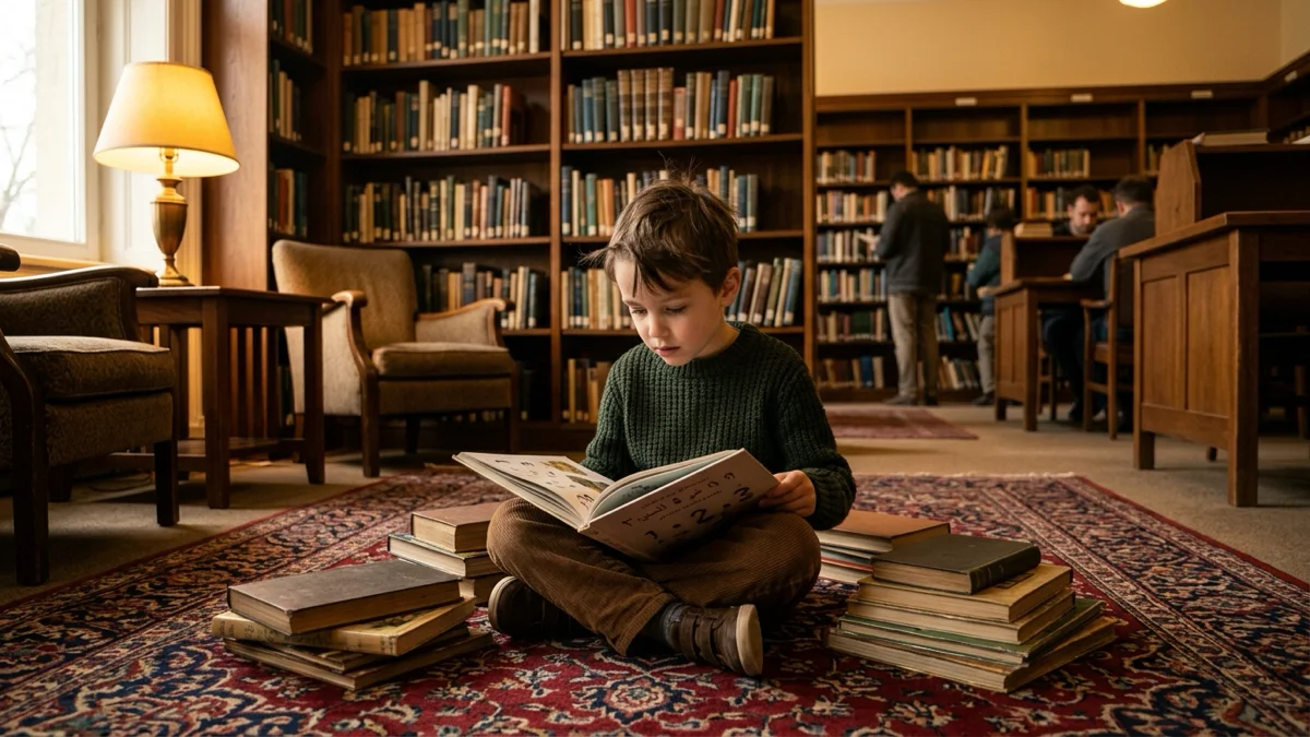 Un jeune garçon concentré sur son livre pour apprendre les chiffres en arabe.