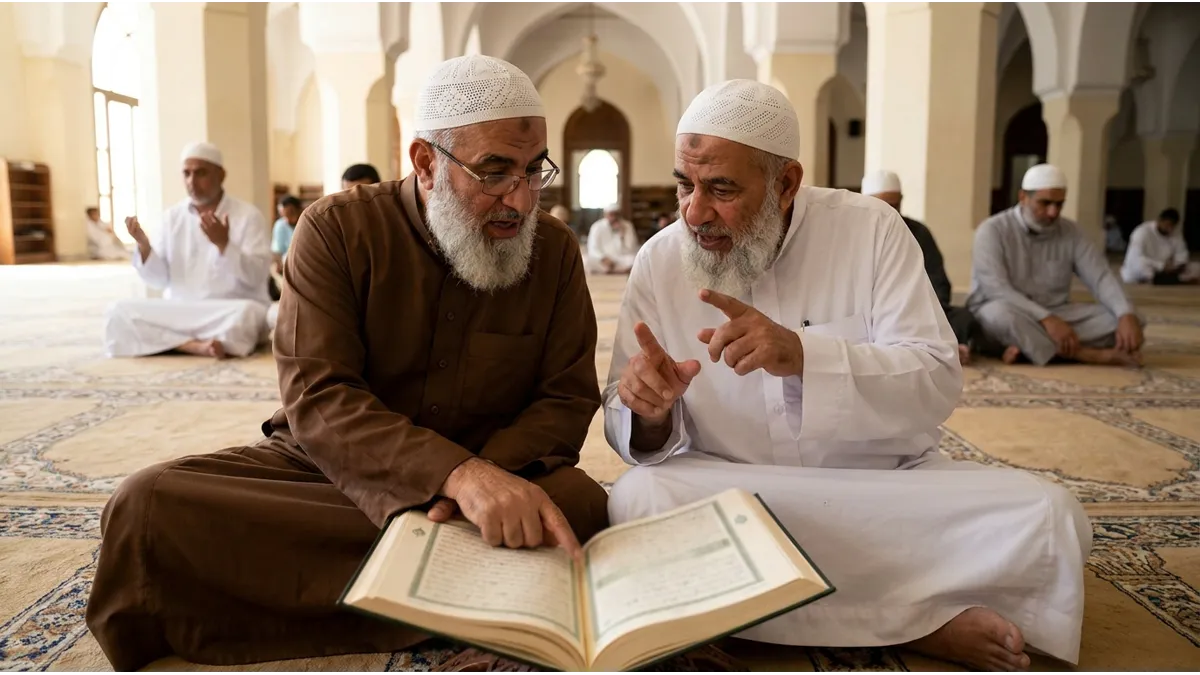 Des hommes échangeant sur quelle petite sourate apprendre pour progresser.