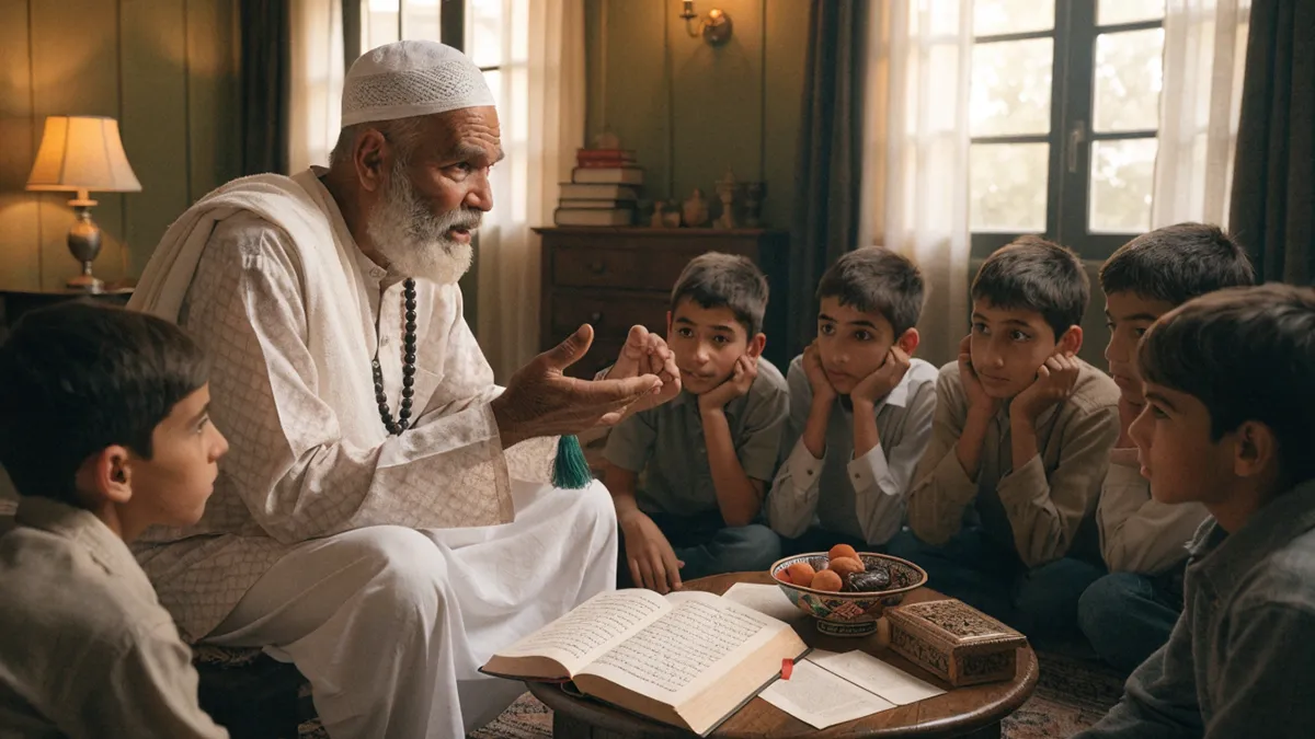 Un homme âgé expliquant l'origine du calendrier islamique à des enfants