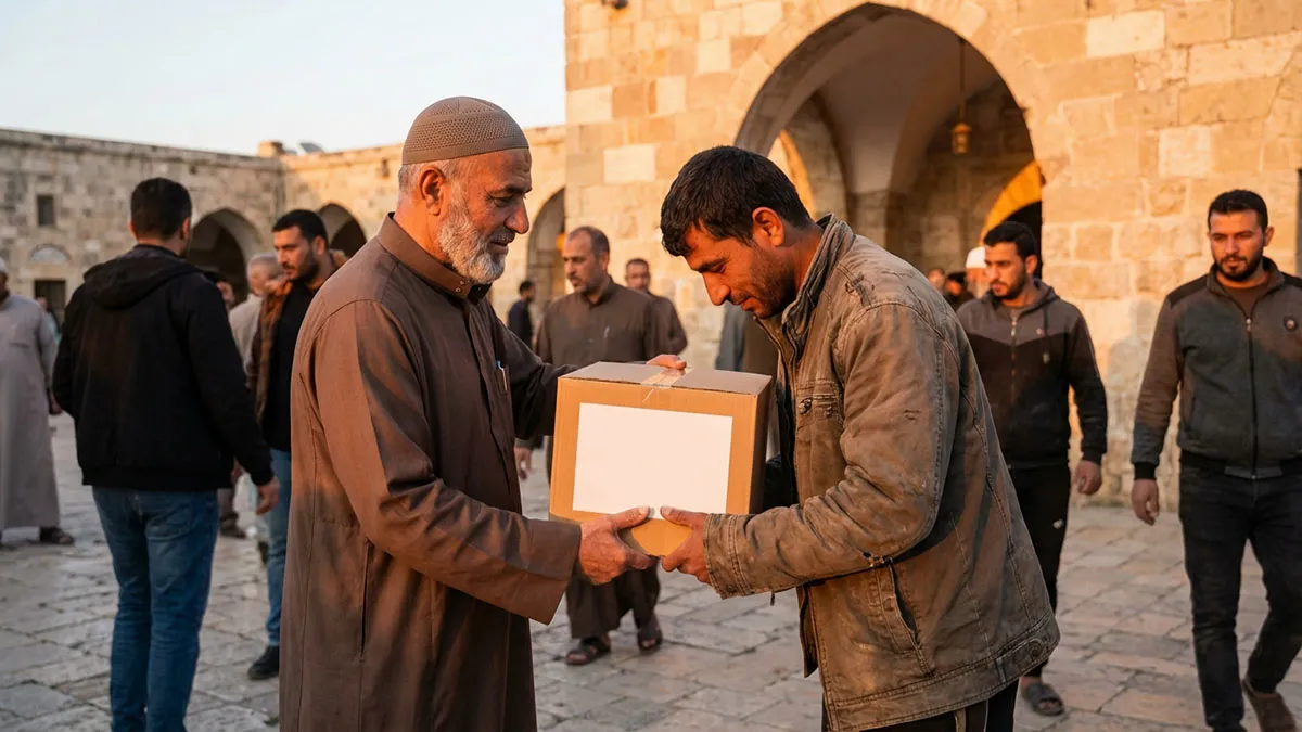 Un homme offrant un colis alimentaire pour la Zakat al Fitr 2026
