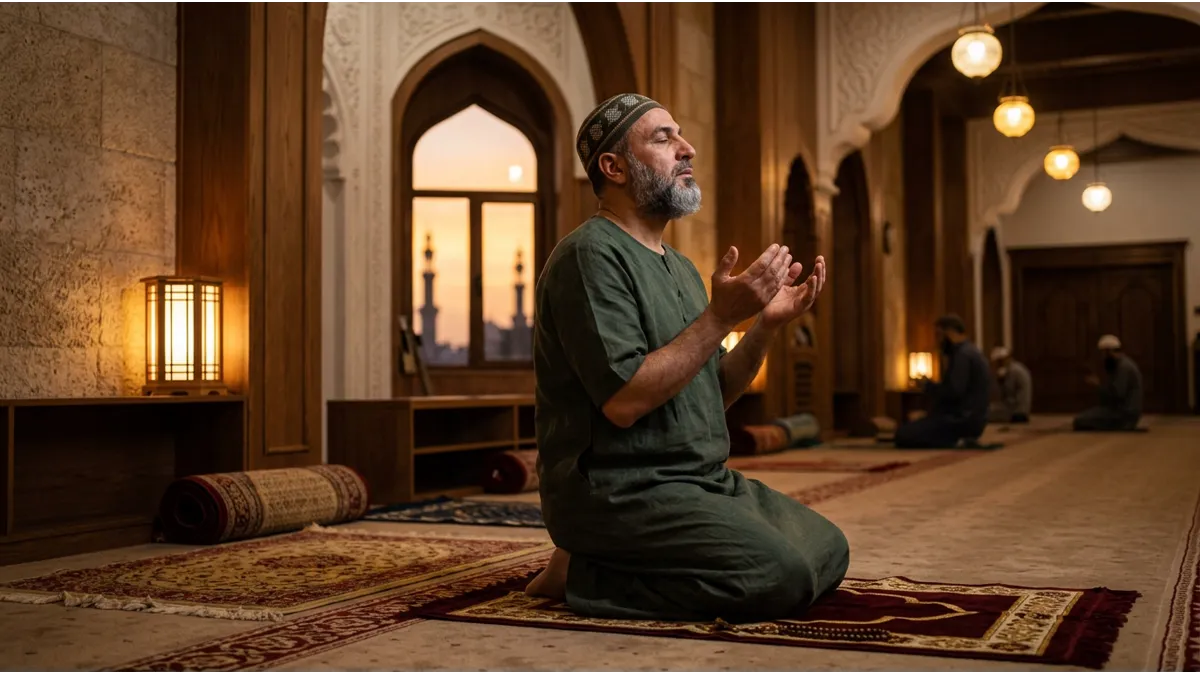 Homme musulman demandant la protection via les invocations du soir