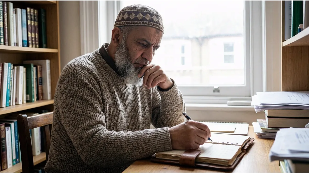 Homme musulman réfléchissant à son programme de rattrapage et aux 6 jours de Chawwal 2026.