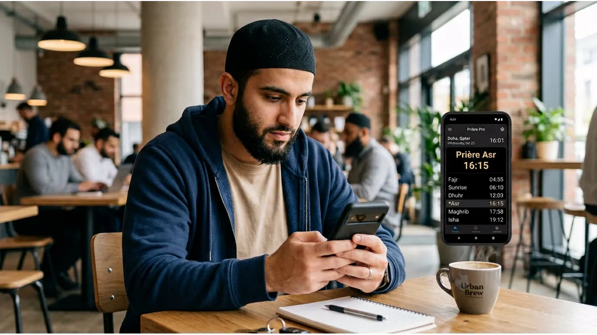 Homme vérifiant l'heure de la prière Asr sur son téléphone