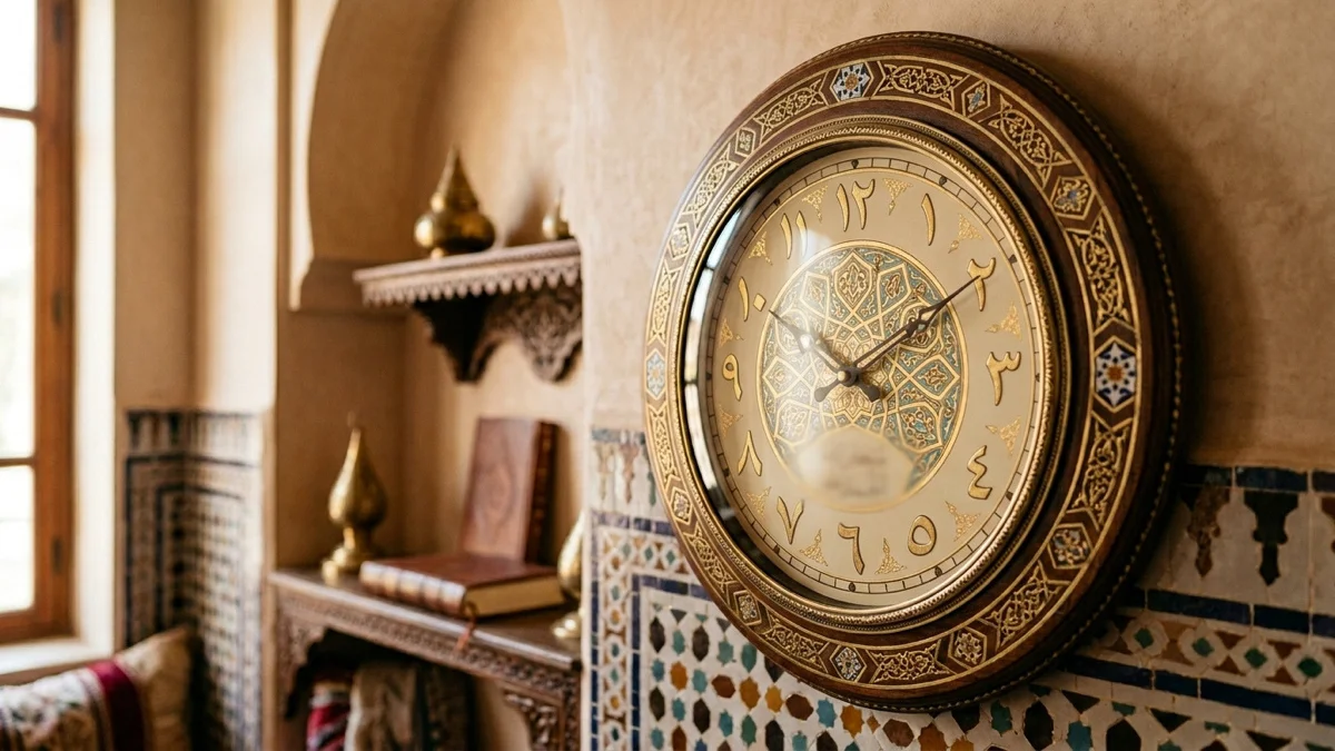 Une horloge élégante affichant l'heure avec des chiffres en arabe.