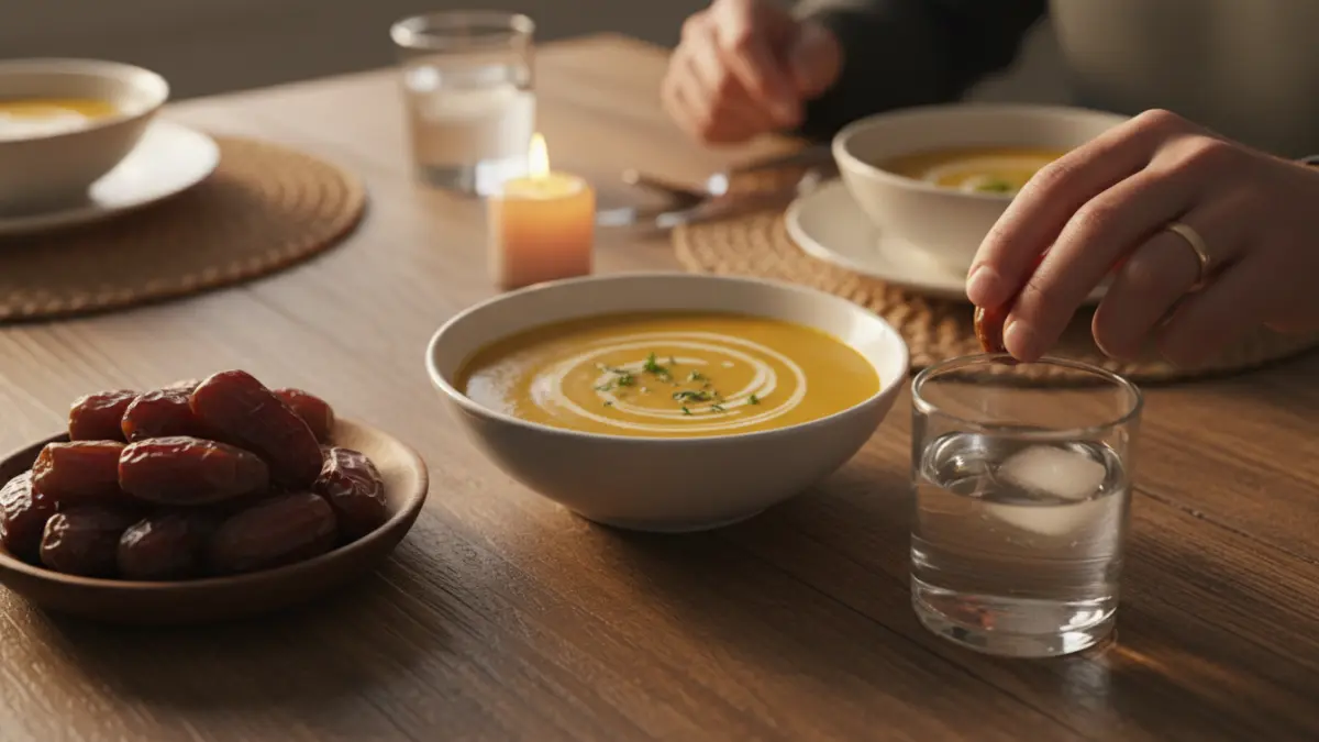 Dattes et soupe sur une table pour la routine ramadan du soir