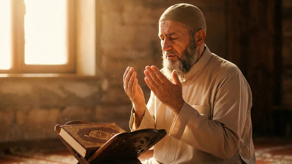 Homme faisant une douaa après avoir réussi à lire le Coran en entier.