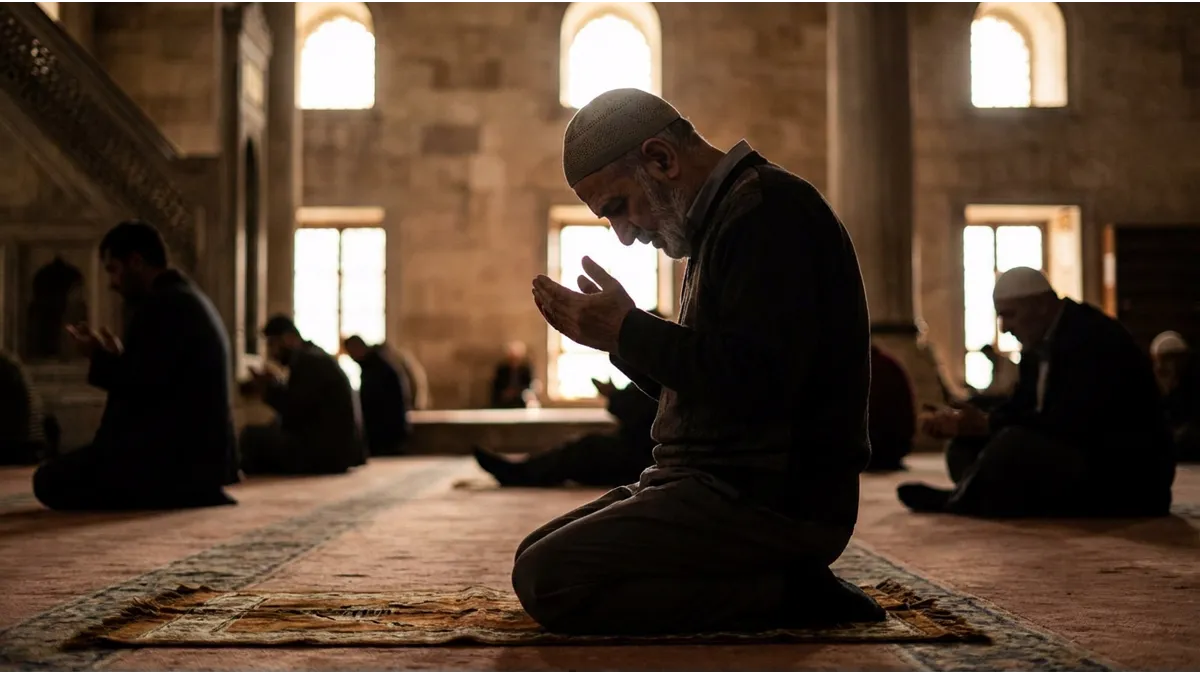 Un homme en position de prosternation ou de supplication pour l'istighfar et le dhikr en islam.