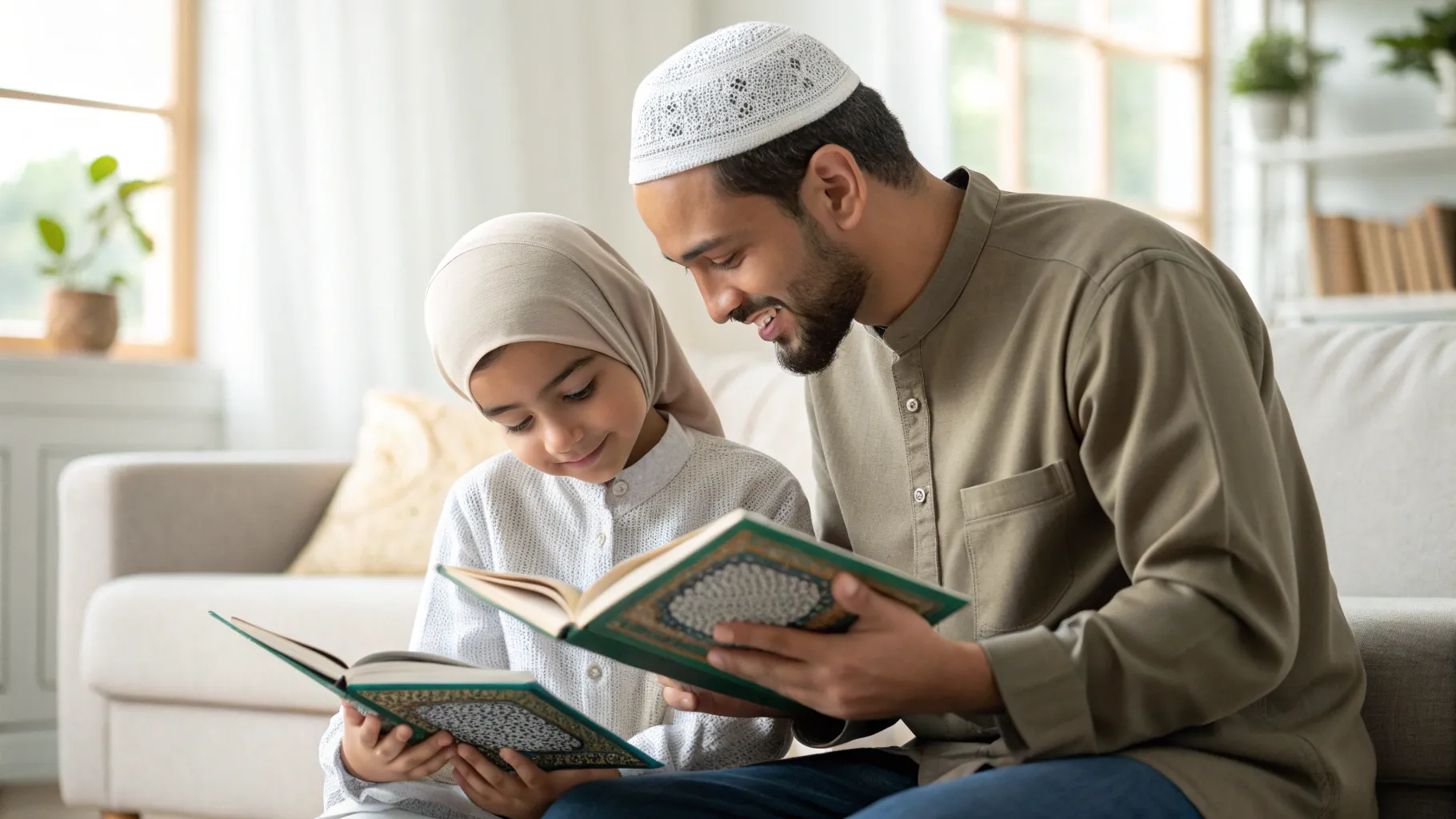 Enfant et adulte apprenant la lecture coranique avec la méthode Nourania dans un cadre calme et éducatif