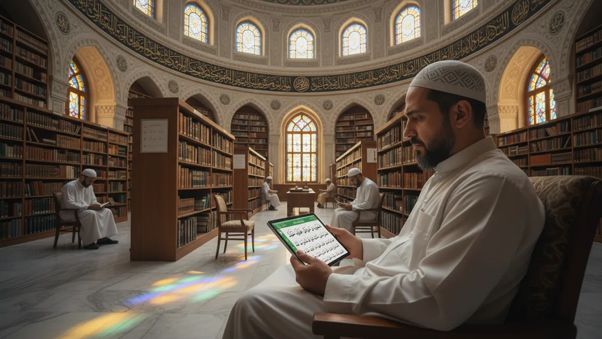 Homme étudiant la méthode Nourania sur une tablette
