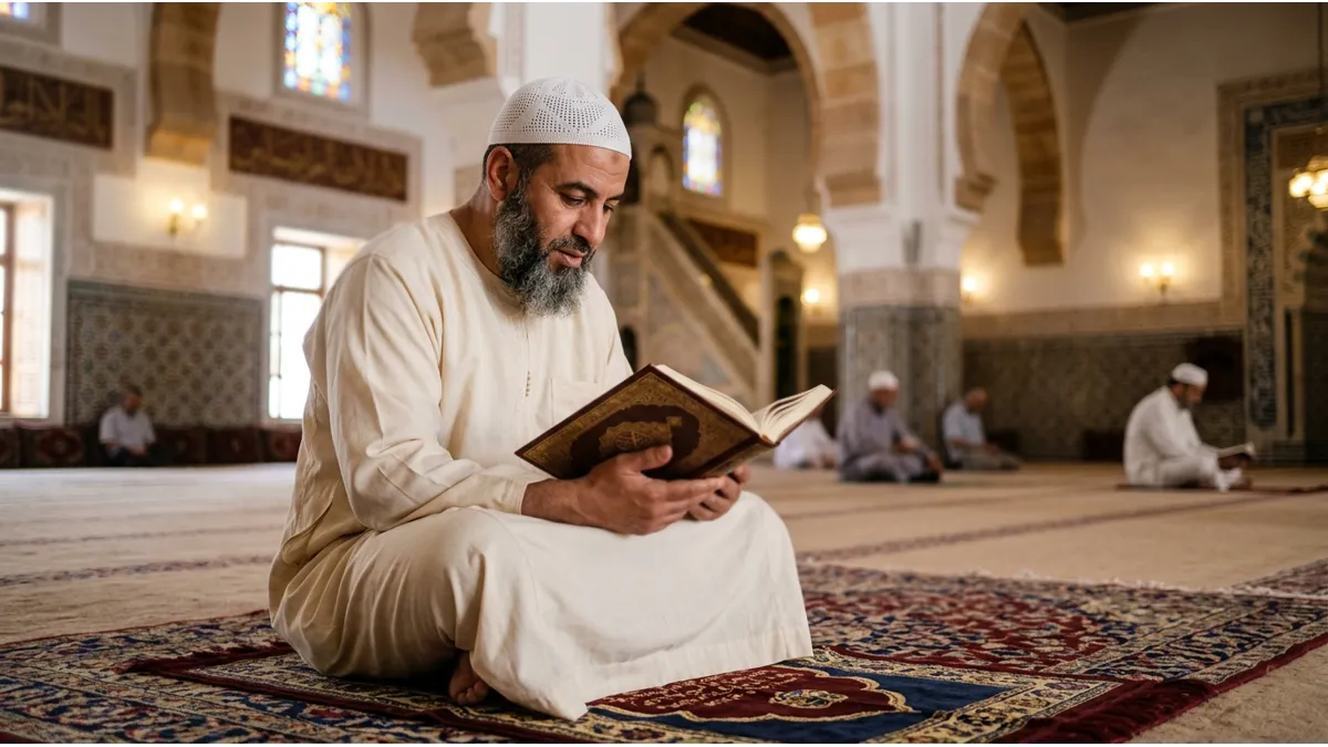 Un homme récitant le Livre Saint, utilisant la répétition pour apprendre l'arabe et Coran.