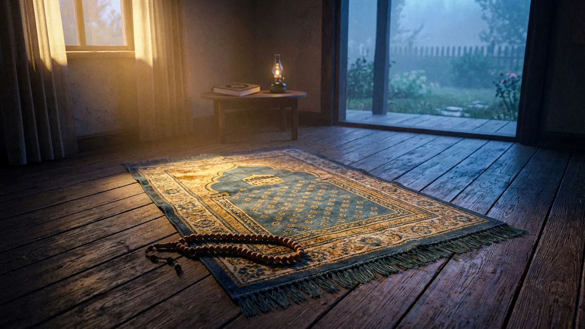 Tapis de prière et chapelet pour les invocations du matin à l'aube